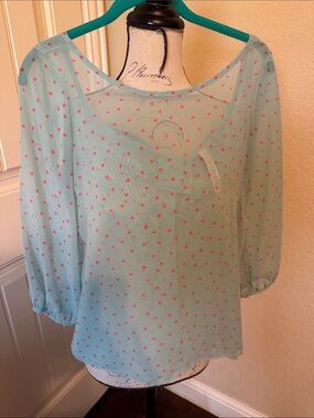 Coveted Clothing Mint Sheer Blouse with Pink Polka Dots